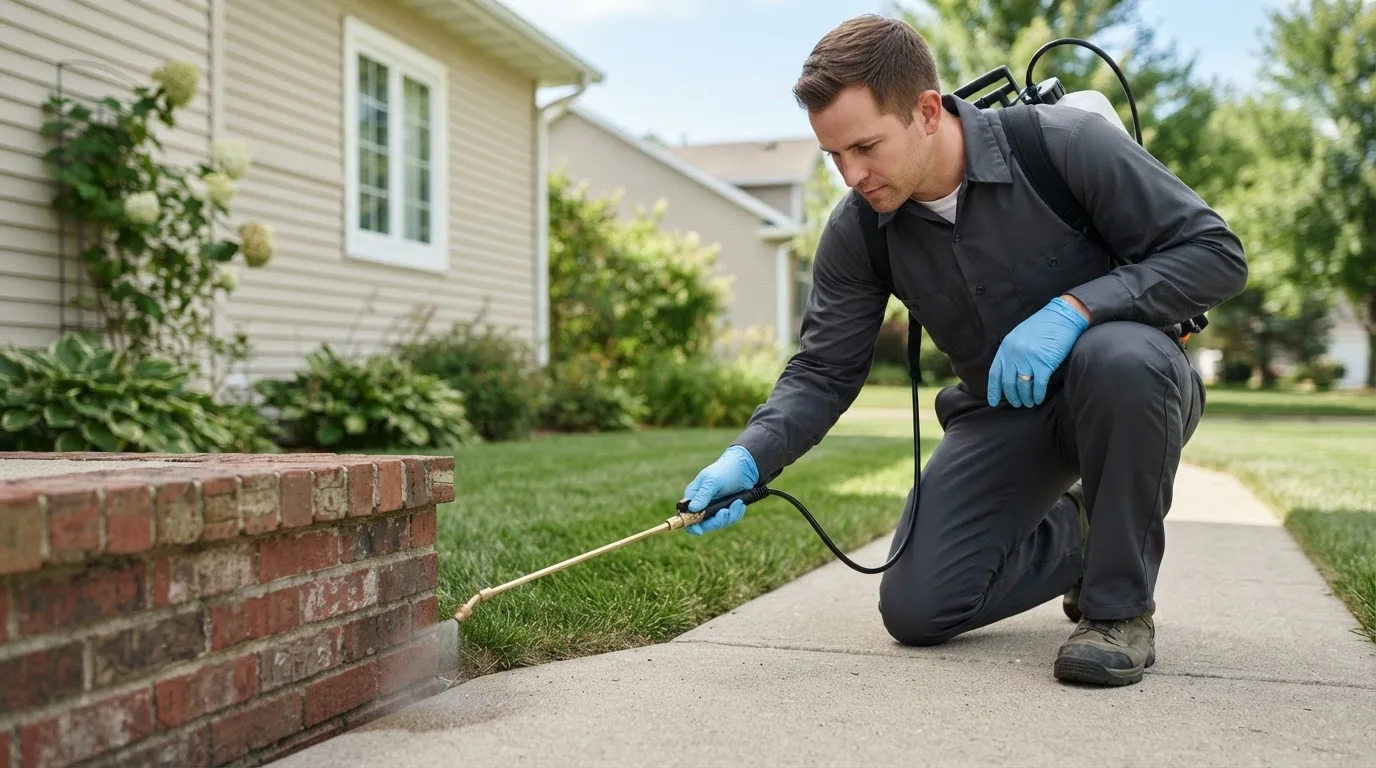 Pest control technician treating a home near Stockton, KS